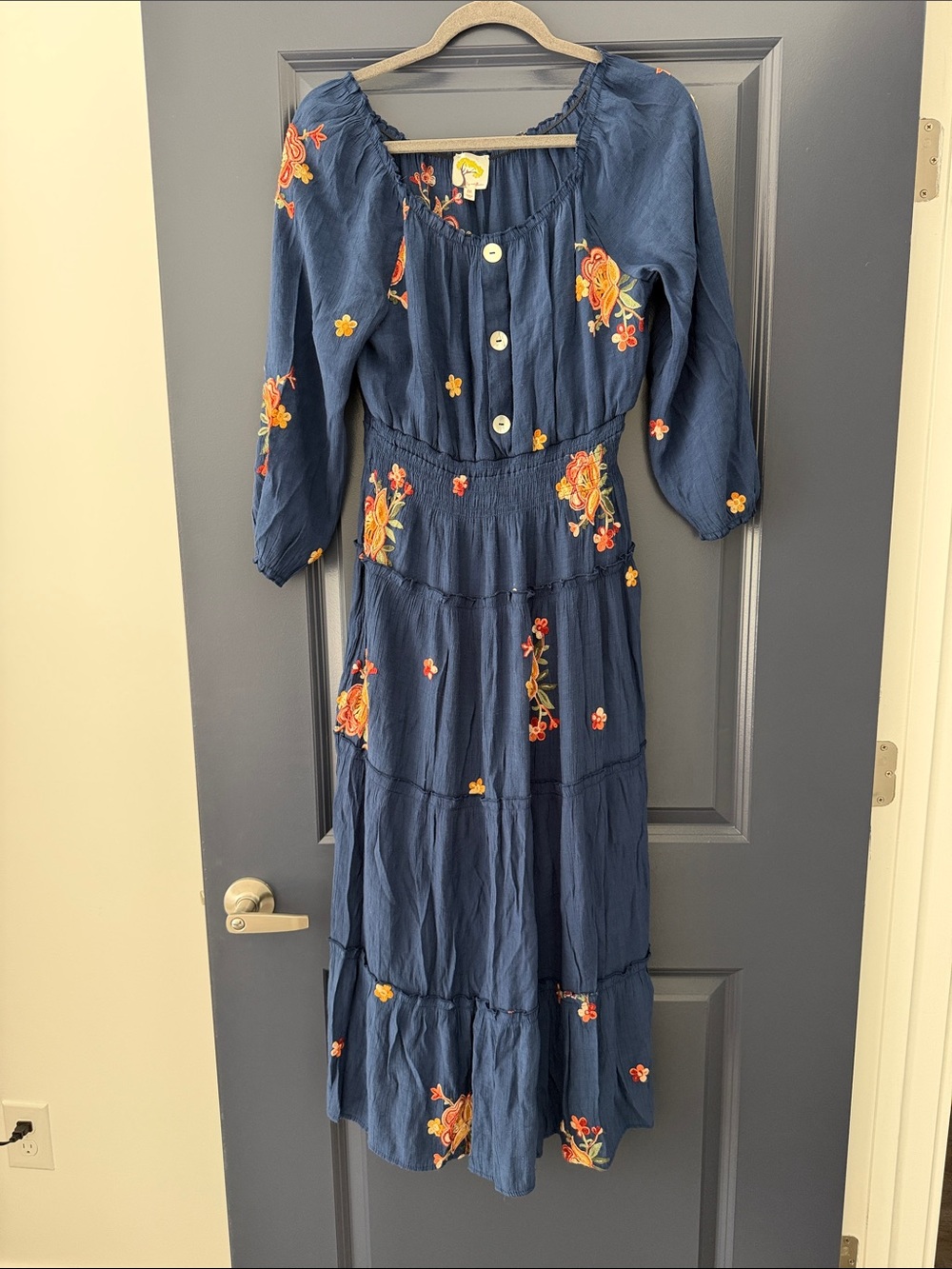 Anthro FIG & FLOWER blue embroidered boho maxi dress